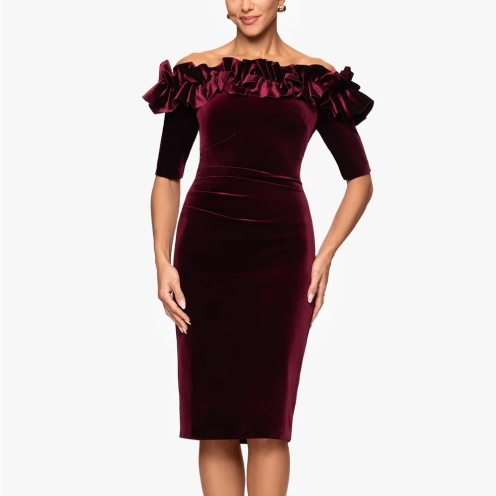 XSCAPE "HAYDEN" SHORT VELVET OFF THE SHOULDER 3/4 SLEEVE RUFFLE DRESS